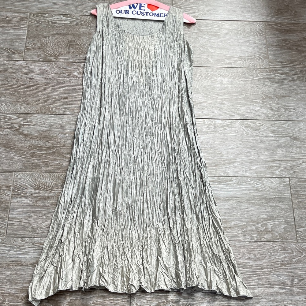 Sleeveless Crinkle Maxi Slip Dress in Light Silver